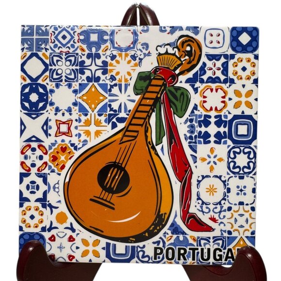 Portugal Tile Wall Decor With String Instrument Design & Blue/Orange Pattern 6" - Picture 1 of 6
